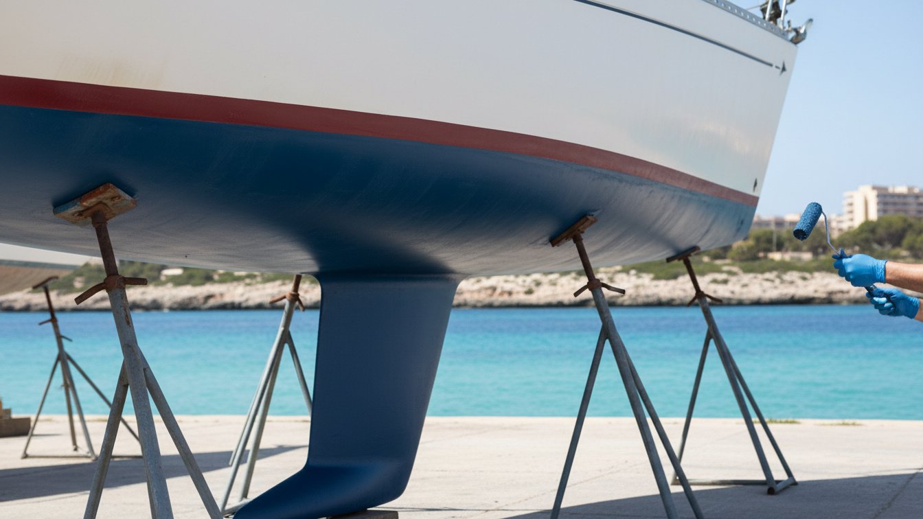 Sailboat hull lifted out in a boatyard, with patches of antifouling paint and hands applying it