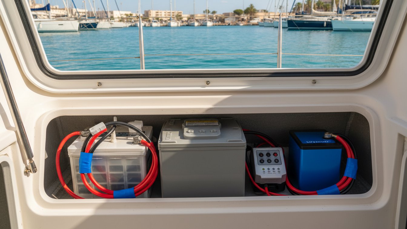 Baterías náuticas y un cargador en el compartimento de un barco, preparadas para el invernaje