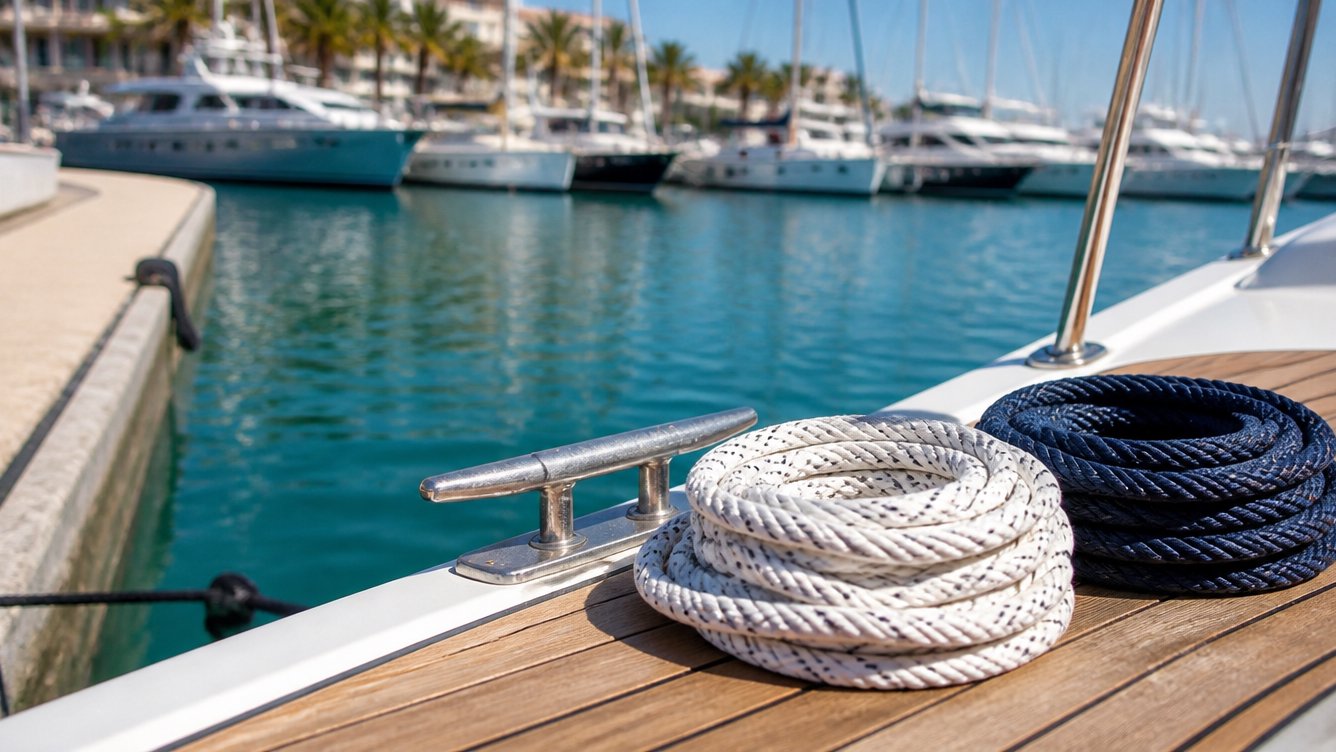 Two coiled mooring lines, white and navy blue, next to a cleat on the teak deck of a sailboat
