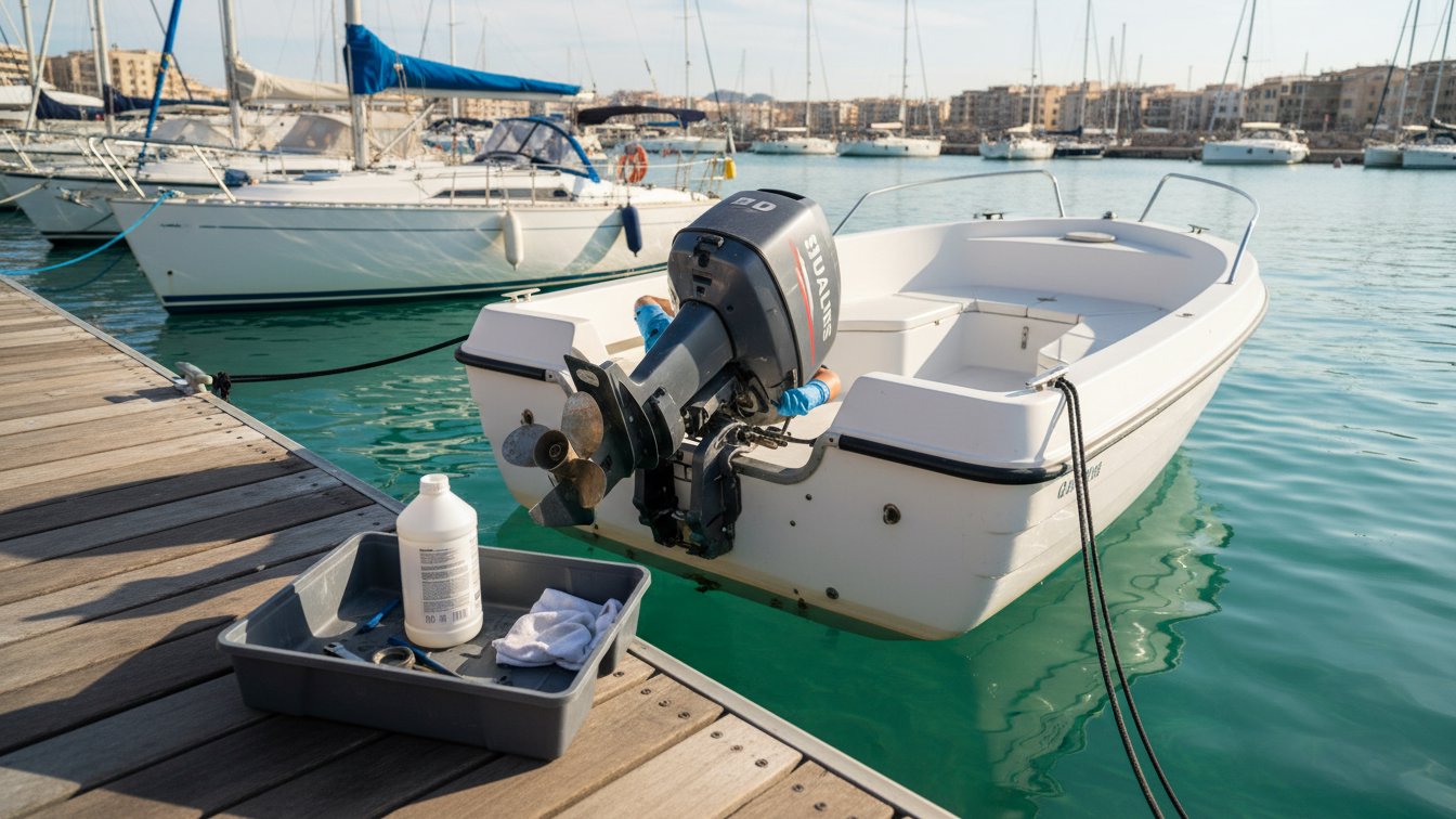 Hands checking the propeller and outboard engine of a motorboat moored at a pontoon in Palma