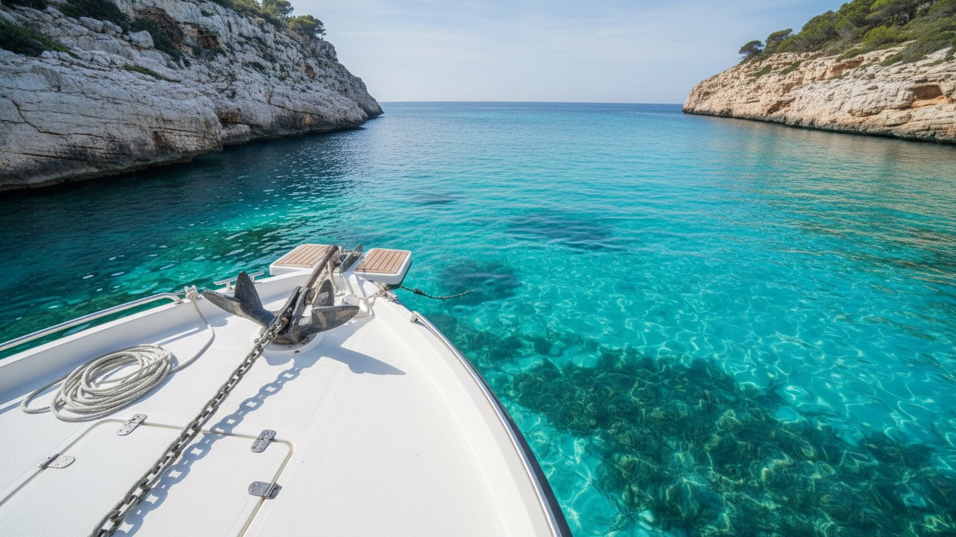 Motorboat anchored in a Balearic cove with anchor, chain and posidonia seagrass meadows