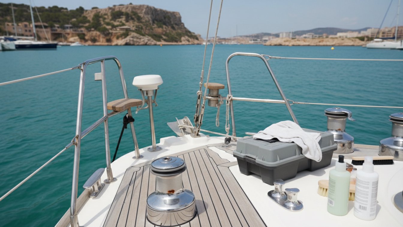 Stainless-steel deck hardware with corrosion spots on the deck of a moored sailing boat