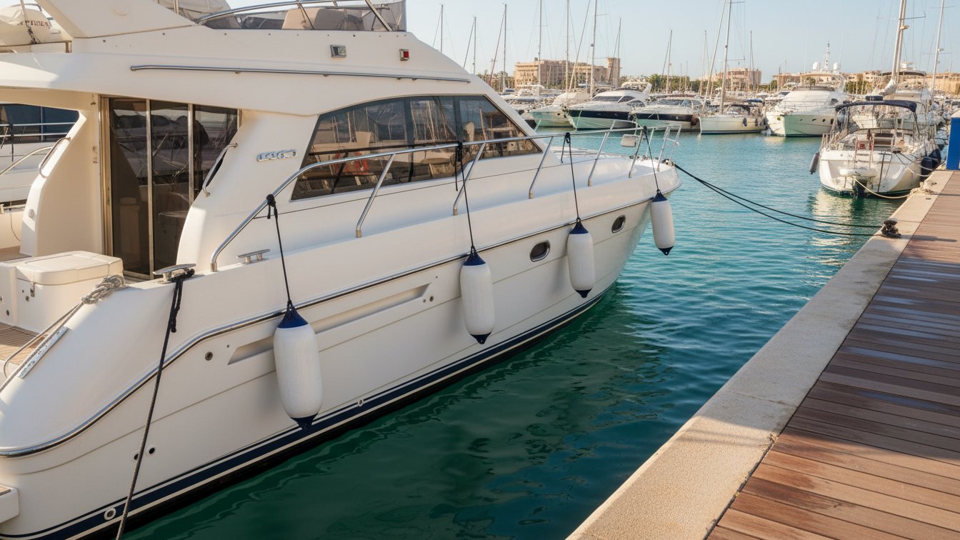 Motorboat moored at a pontoon with cylindrical and spherical fenders between the hull and the dock