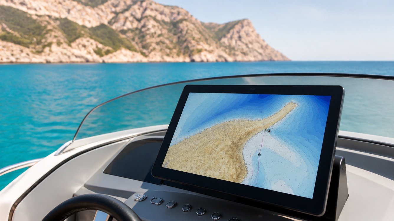 Chartplotter at the helm of a motorboat showing the nautical chart of Mallorca's north coast, with the real cliffs in the background