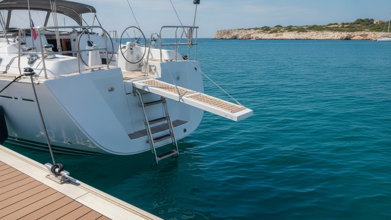 Bathing ladder and gangway with non-slip surface on a sailing yacht moored in Palma