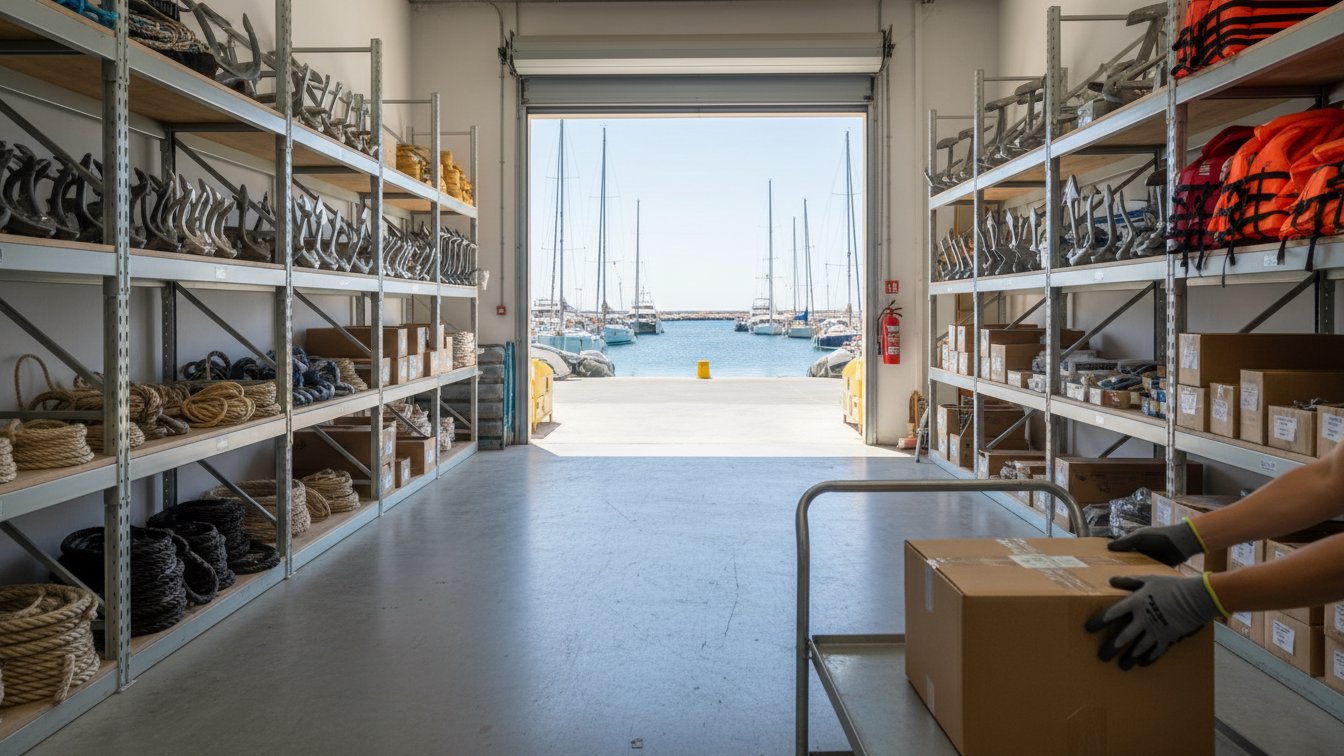 Chandlery warehouse in Palma with shelves of ropes, fenders, anchors and spare parts ready for delivery