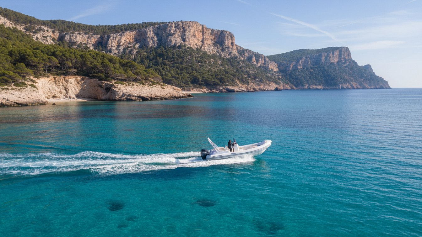 Rigid inflatable boat cruising through turquoise water in front of Mallorca's cliffs
