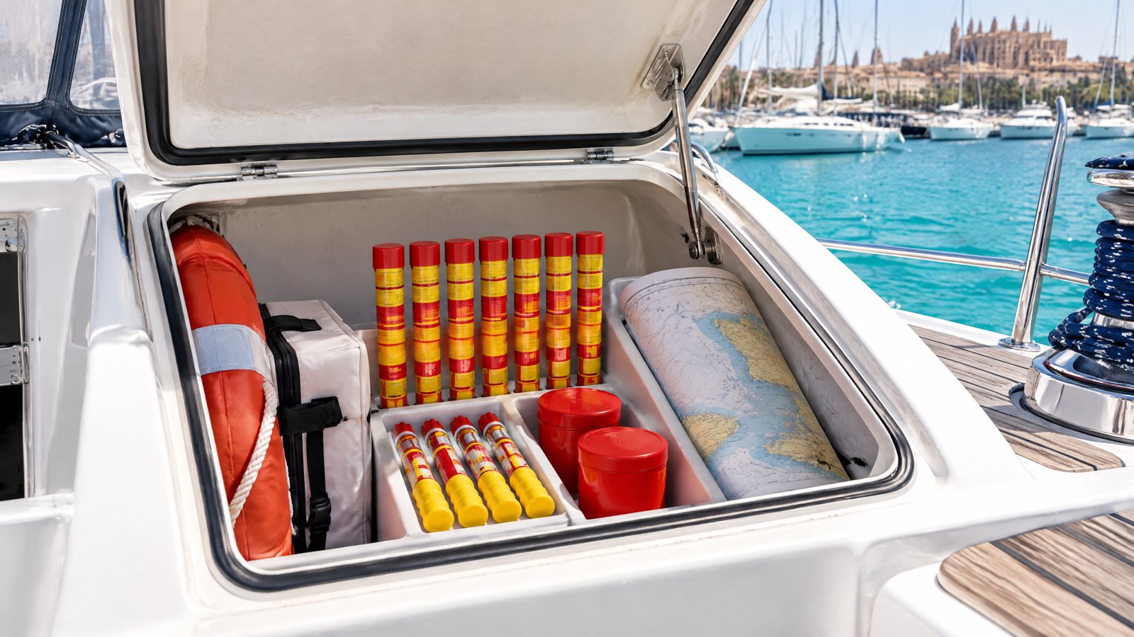 Emergency pyrotechnics stowed in a compartment of a sailing yacht moored in Palma