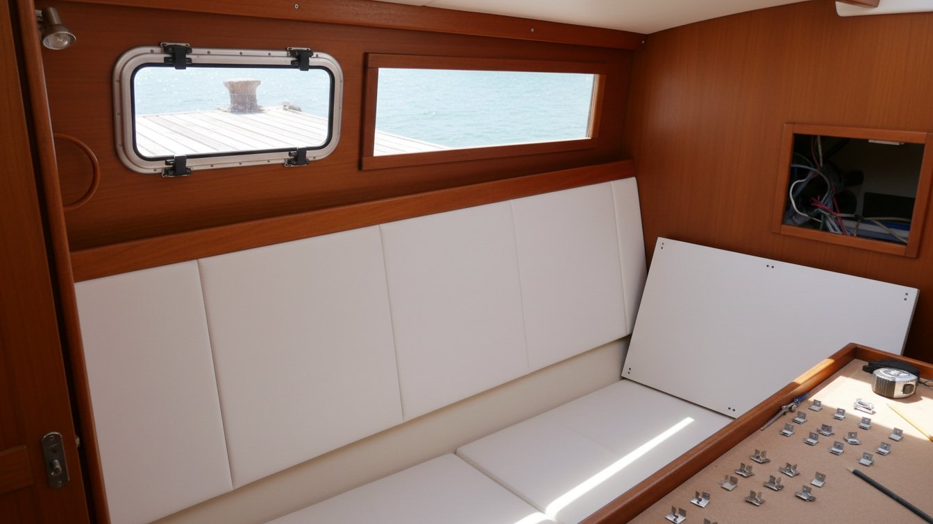 Removable interior panels and access hatches organised during planning for a boat refit