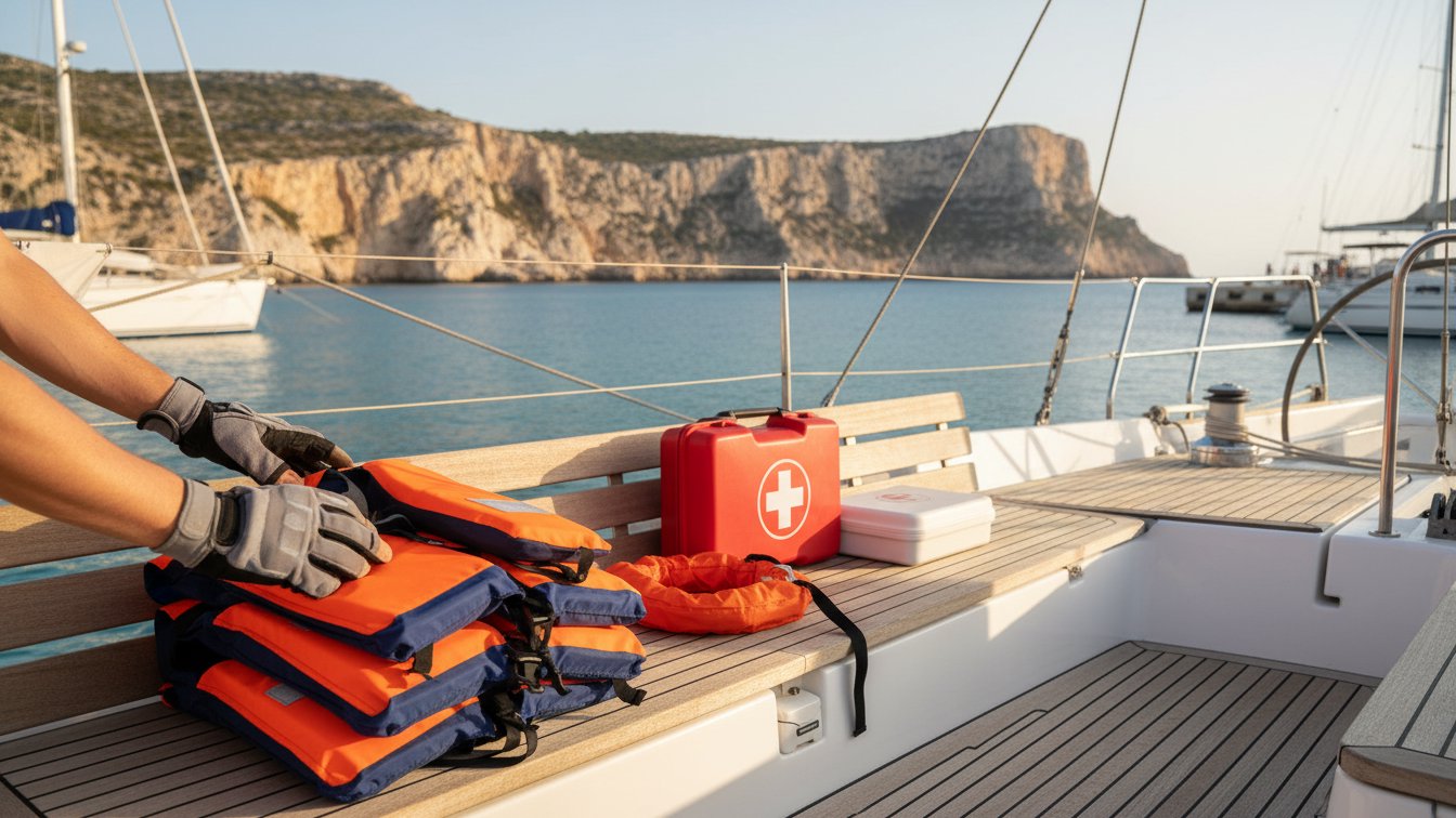 Lifejackets and safety equipment laid out for inspection on the deck of a sailboat in Palma