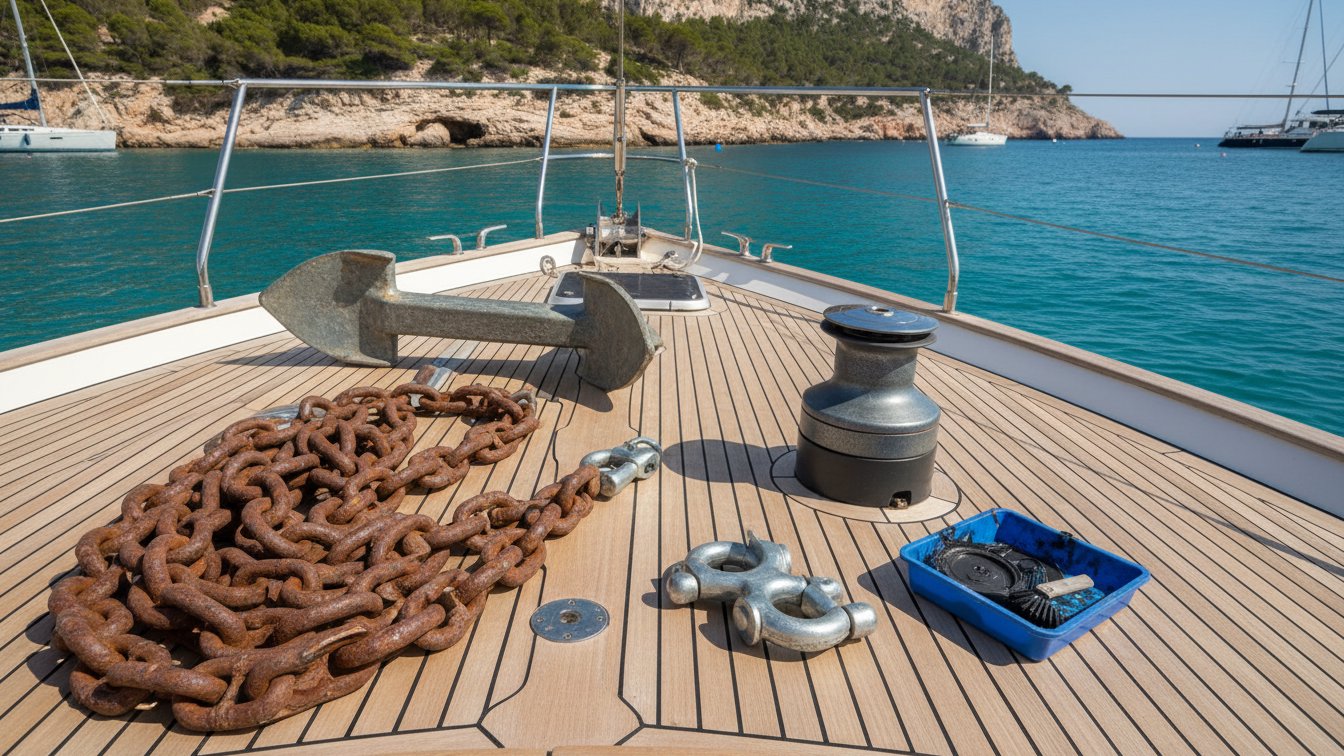 Ancla, cadena, grilletes y giratorio junto al molinete de un barco en un puerto de Palma