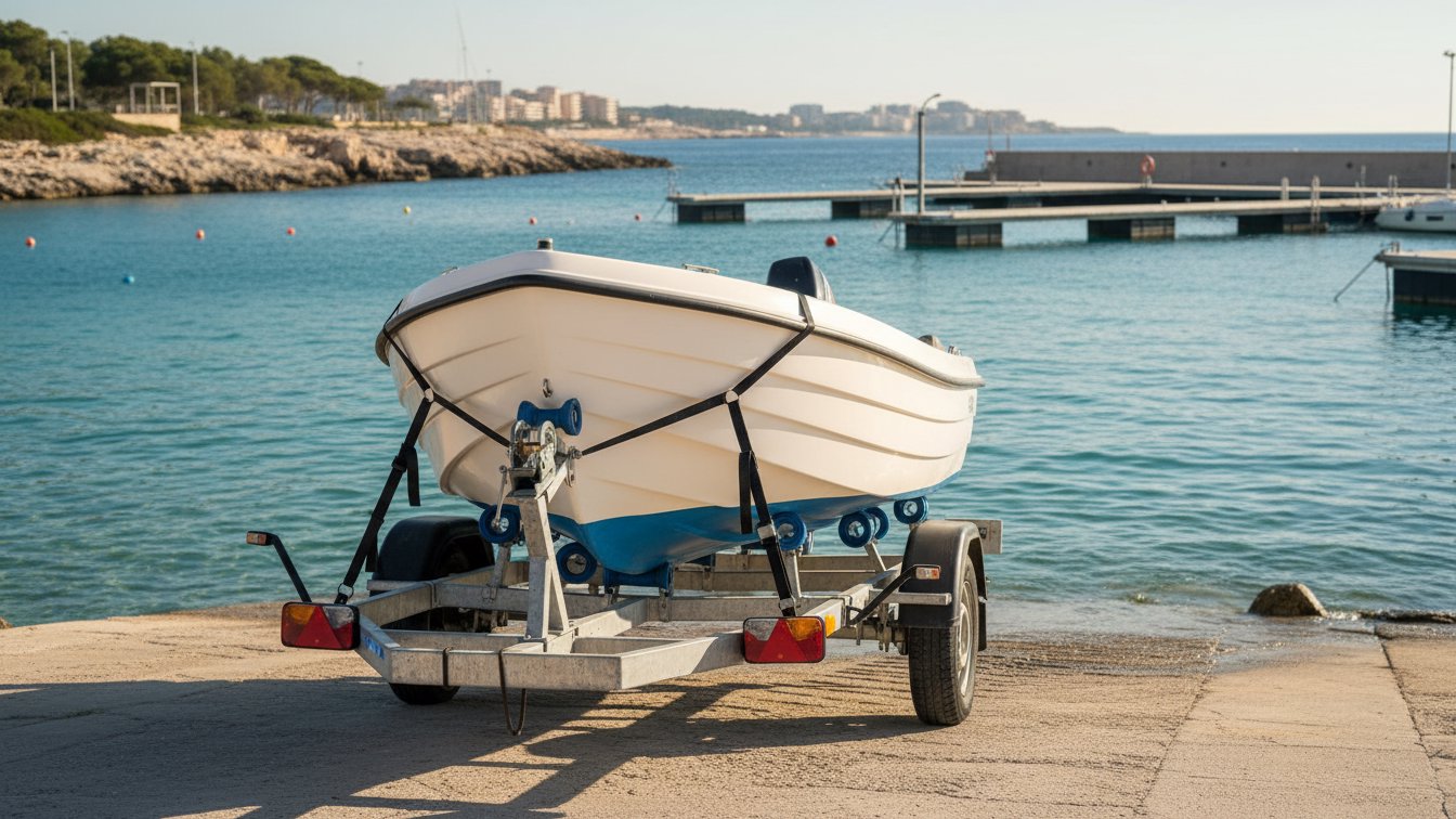 Remolque con lancha asegurada, rodillos, luces traseras y amarres junto a una rampa de puerto en Palma.