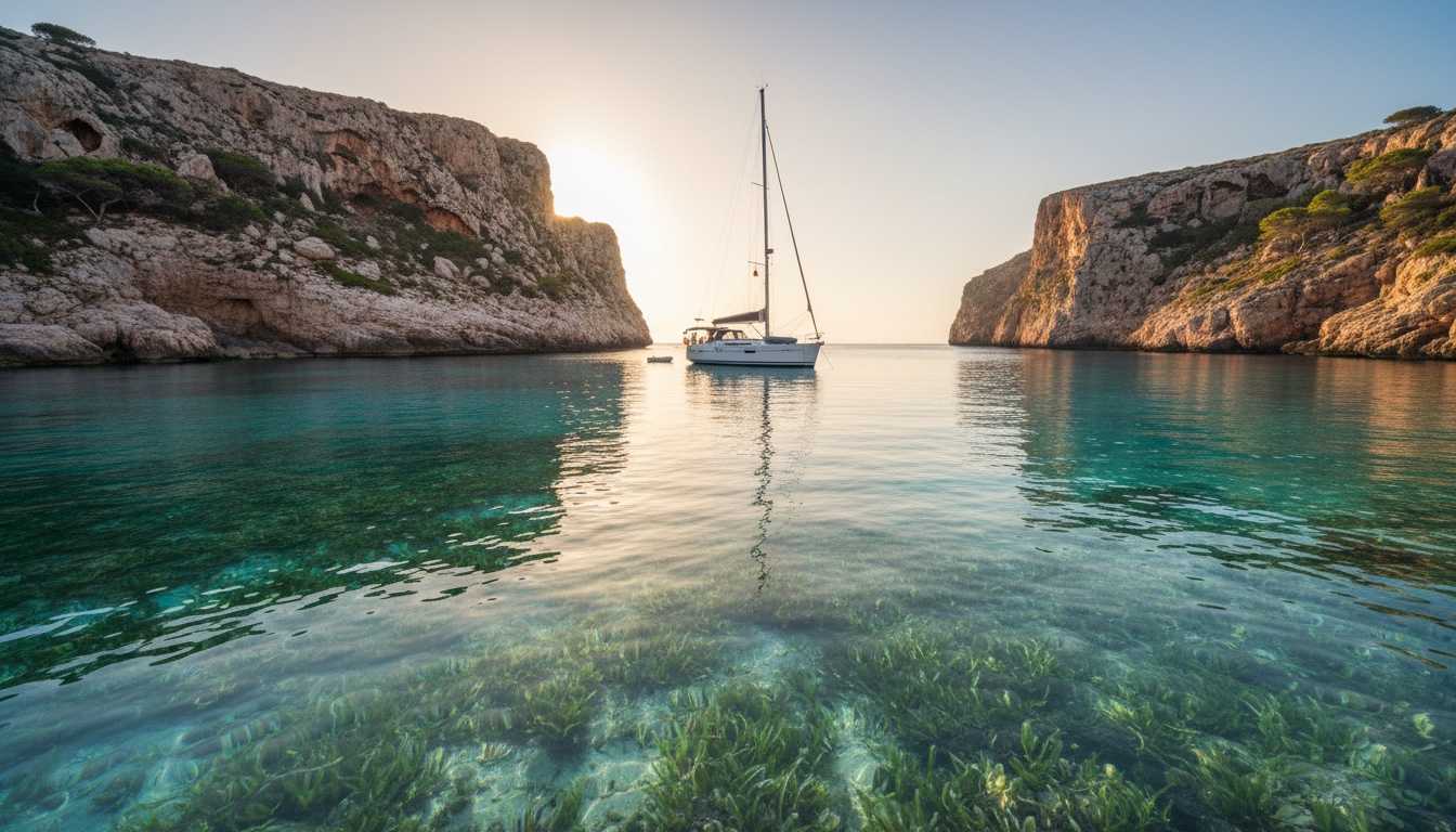 Sailboat moored in a turquoise cove off Mallorca, with the posidonia meadow visible beneath the water