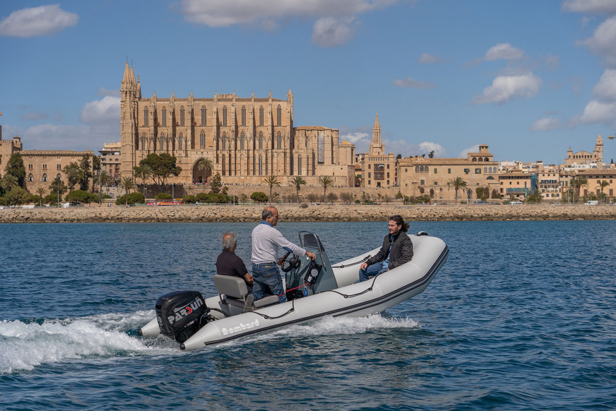 RIB cruising in front of Palma de Mallorca cathedral