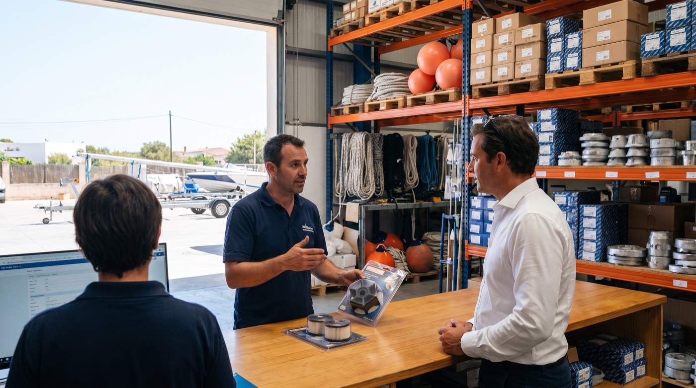 A marine mechanic and a captain checking an engine spare part at the Marine Point warehouse counter